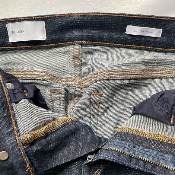 BLDWN Vented Skinny High Rise Side Slit Outer Ankle Flare Dark Blue Denim Jeans - Picture 10 of 17